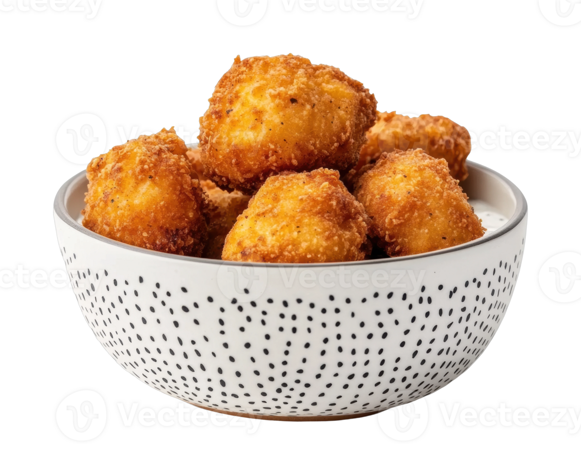 Close-up of crispy golden chicken nuggets in a decorative bowl png