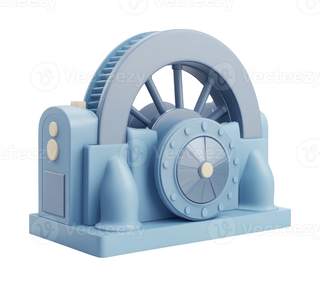 Vintage blue windmill gear mechanism with circular wheel design png