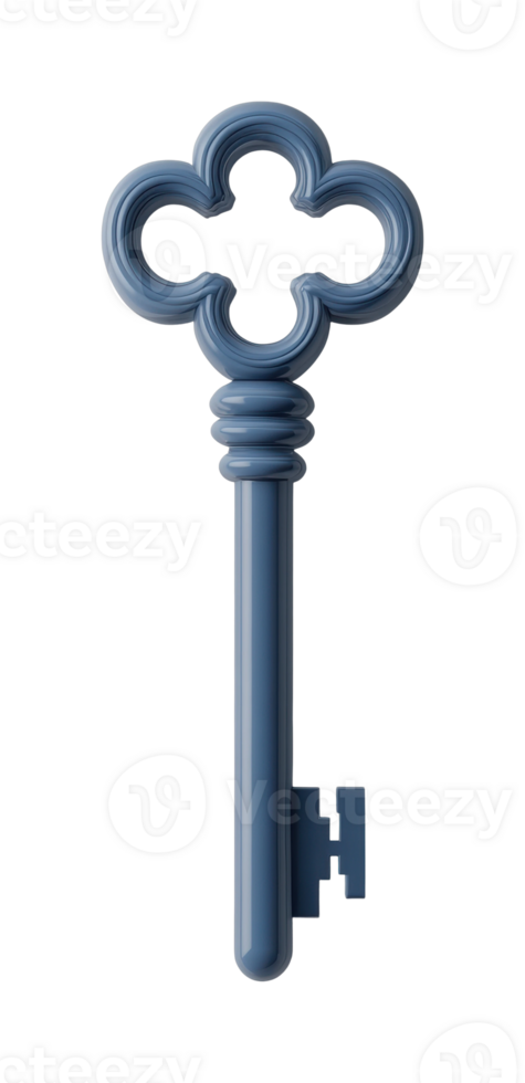Ornate blue key with intricate design and cloverleaf head png