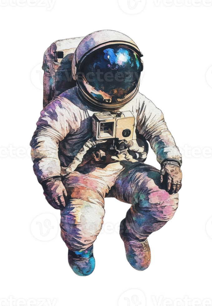 Astronaut in space suit with reflective helmet floating in zero gravity png