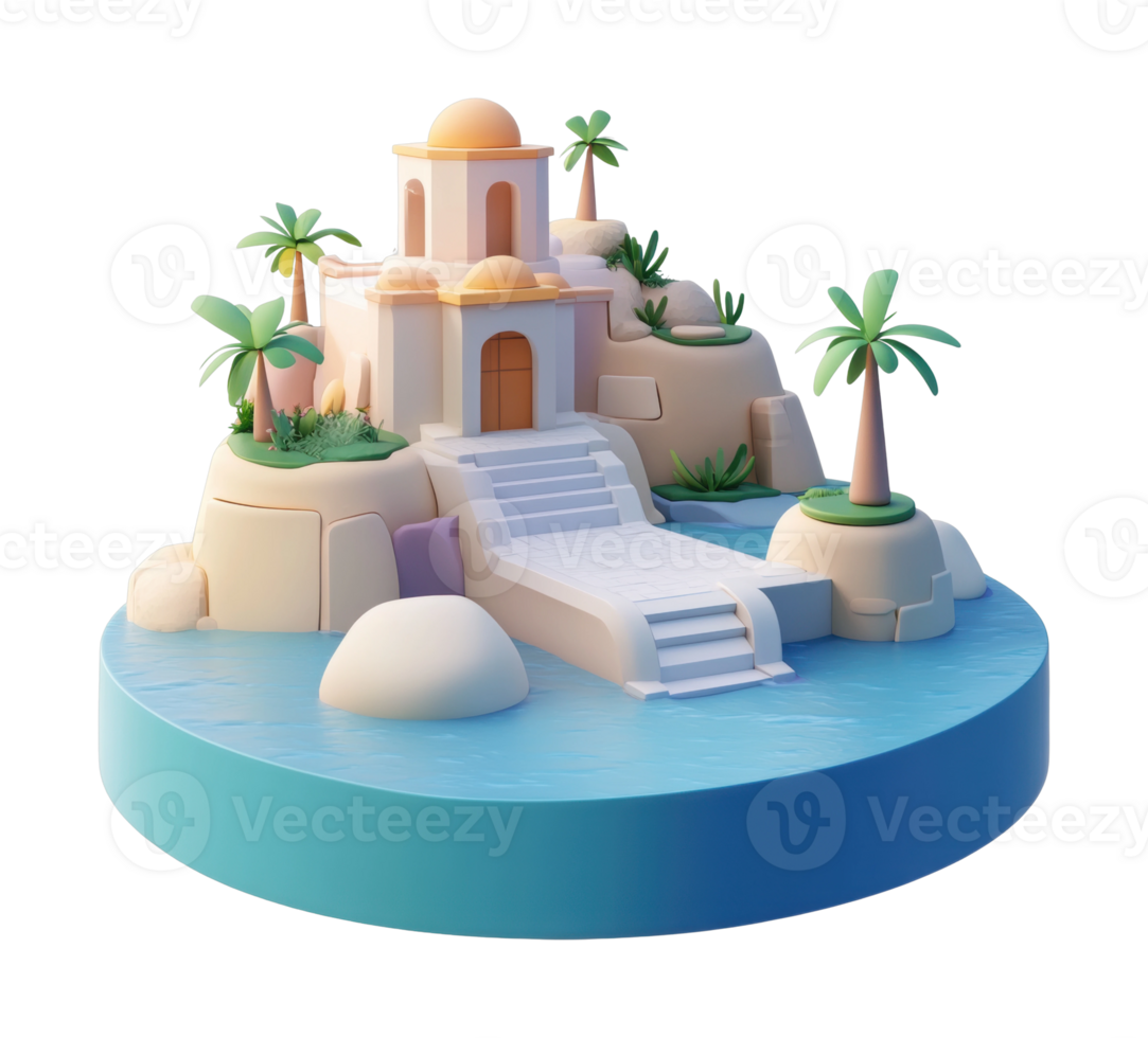 Mediterranean island paradise with palm trees and stone building png