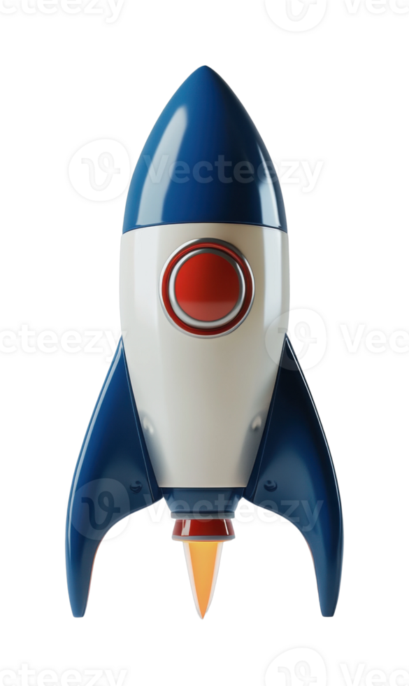 Blue and white rocket with orange flame png