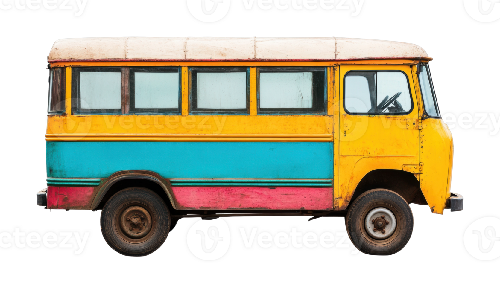 Vintage colorful bus with yellow, blue, and red panels png