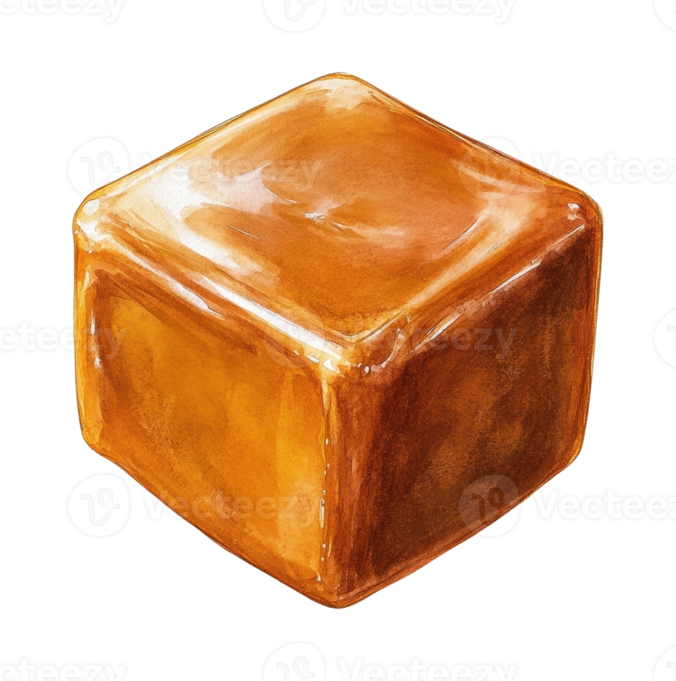 Realistic shiny caramel cube with glossy texture close-up png