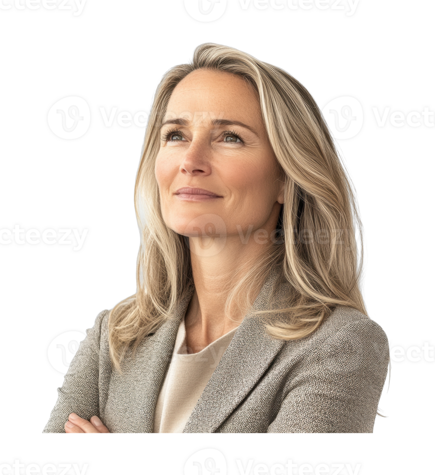 Confident mature caucasian female in professional suit displaying poise png