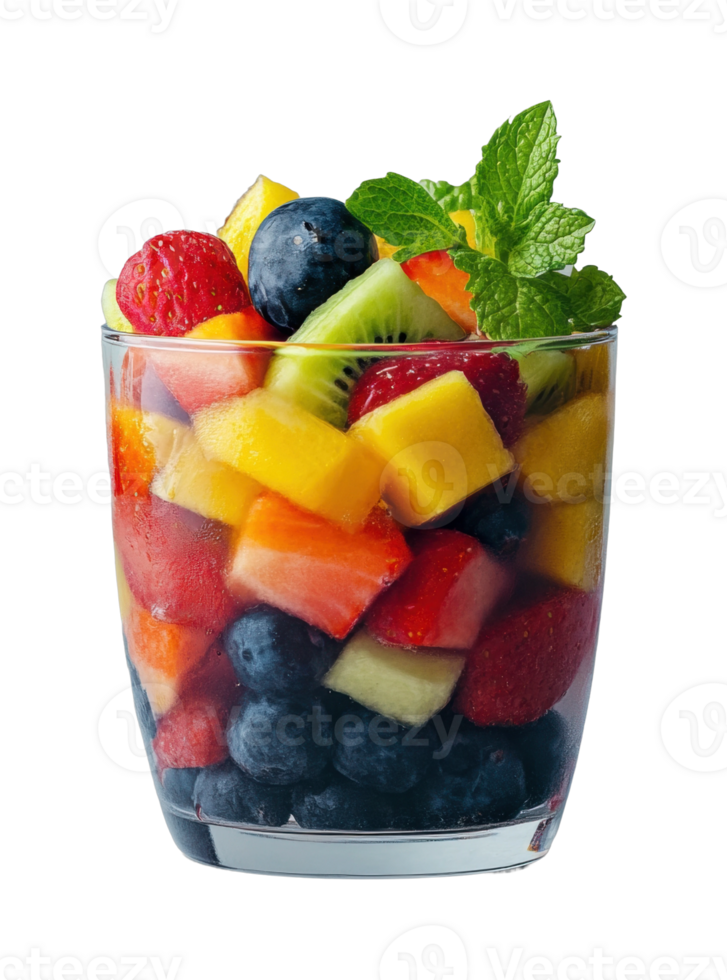 Colorful fresh fruit salad with berries and mint in glass cup png