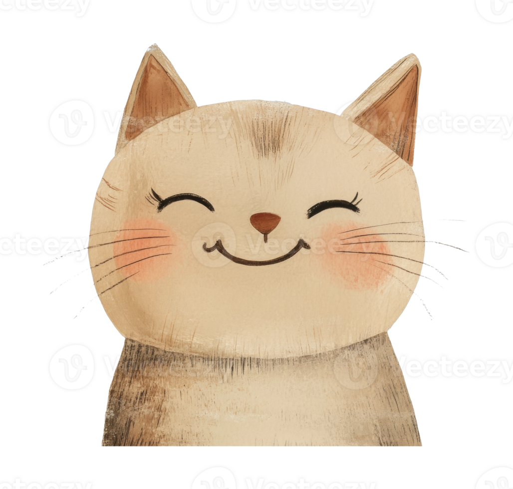 Smiling cartoon cat illustration with whiskers and blush png