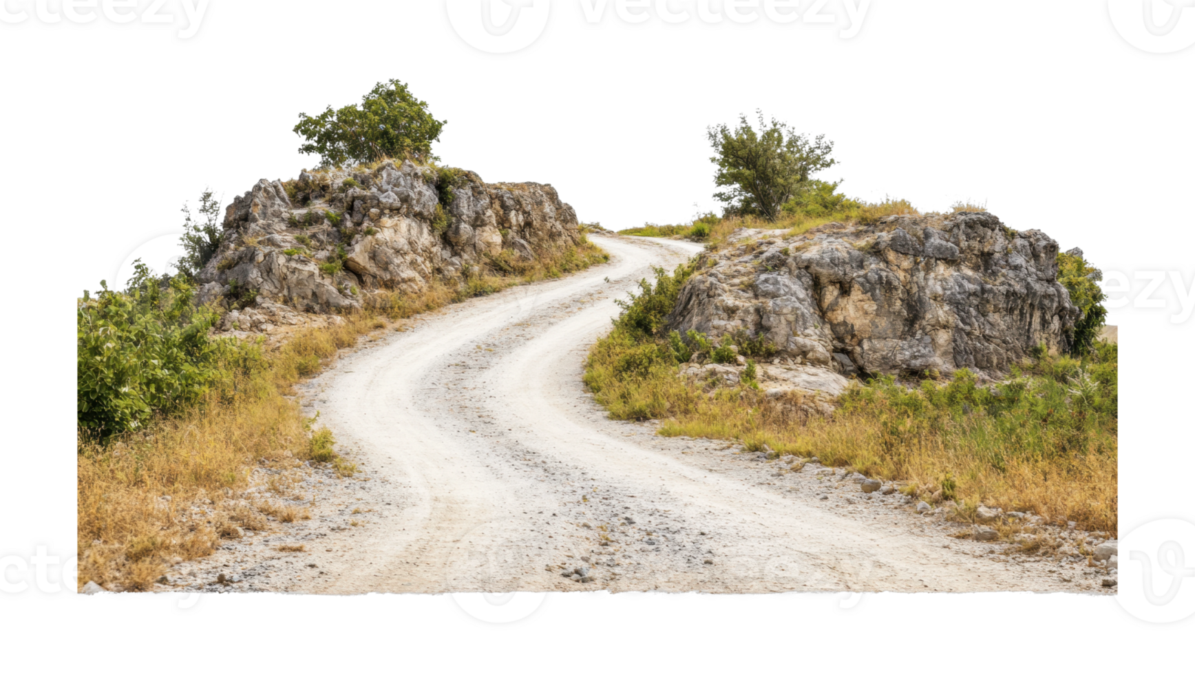 Winding gravel road through rocky landscape with vegetation png