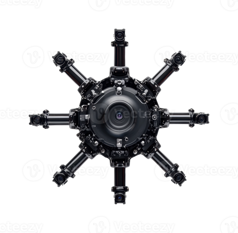 Complex multi-lens camera rig with advanced technology and precision design png