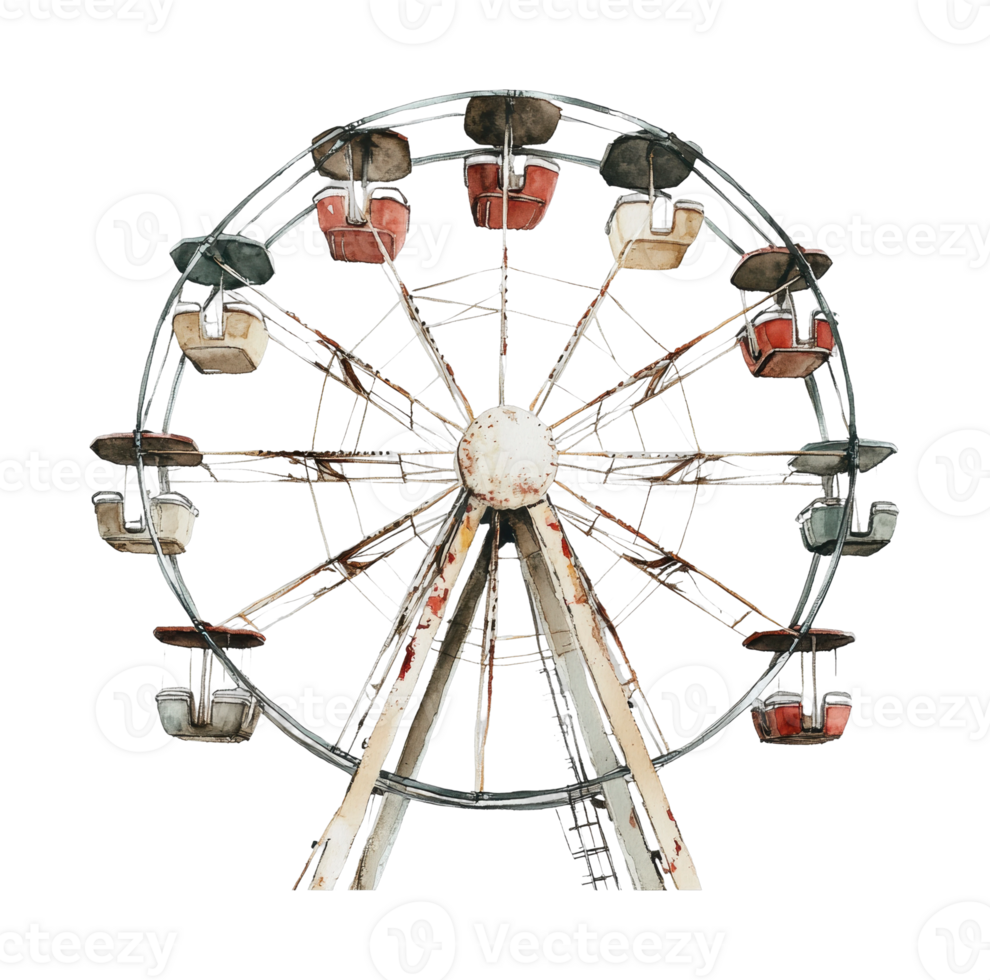 Vintage ferris wheel with empty seats at nighttime amusement park png