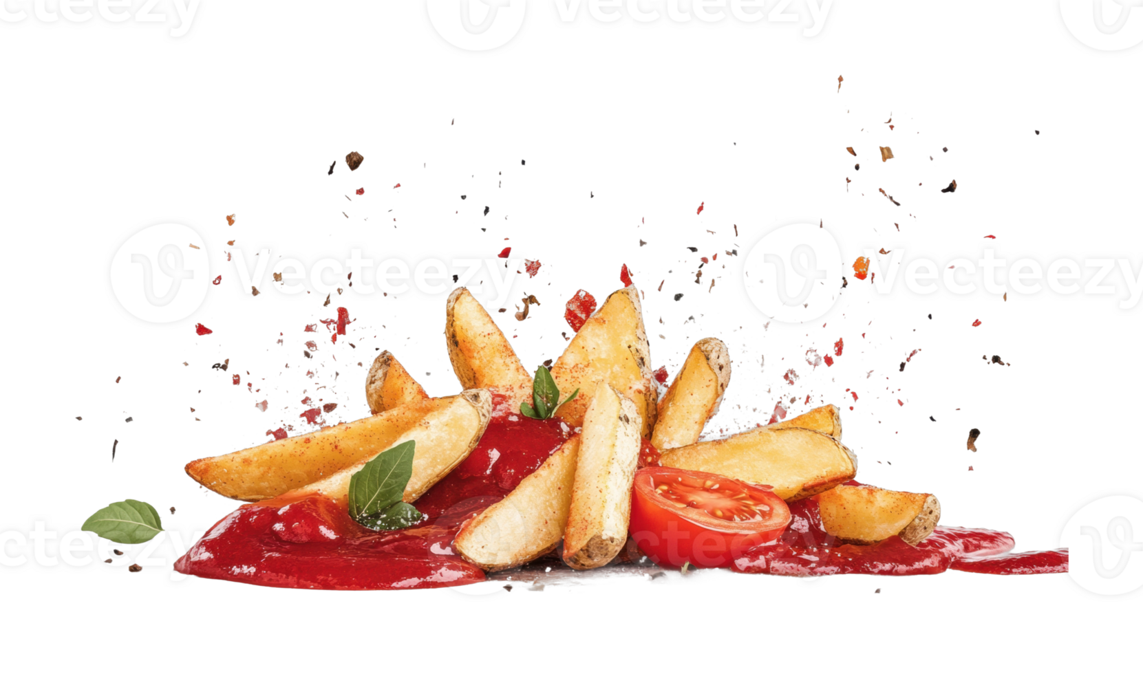 Crispy potato wedges with tomato ketchup and spices png