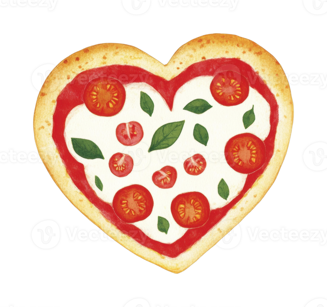 Heart-shaped pizza with tomatoes and basil on white surface png
