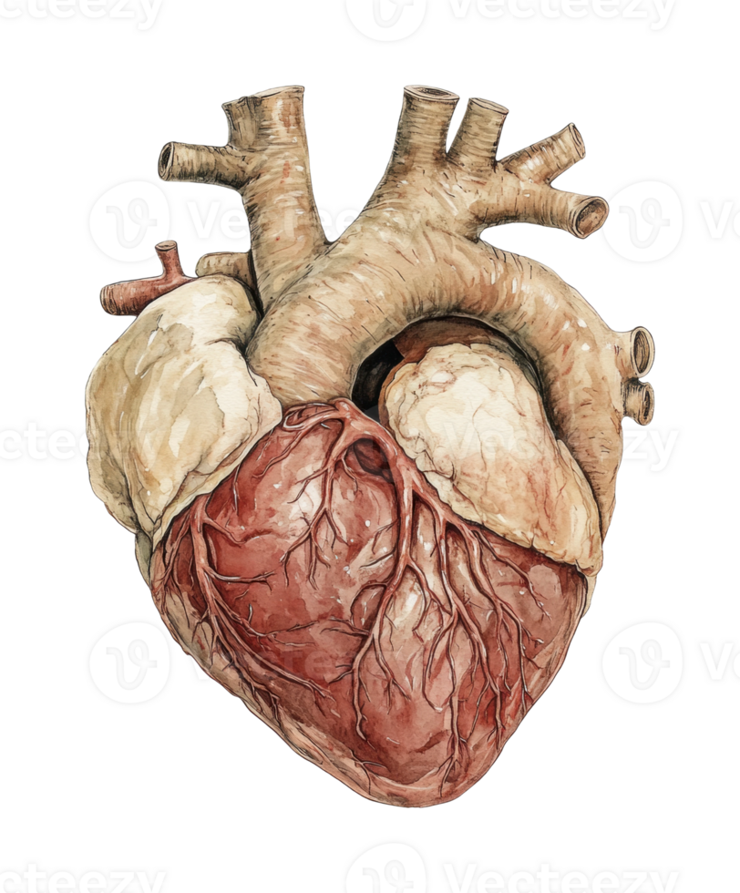 Detailed anatomical illustration of a human heart with arteries and veins png
