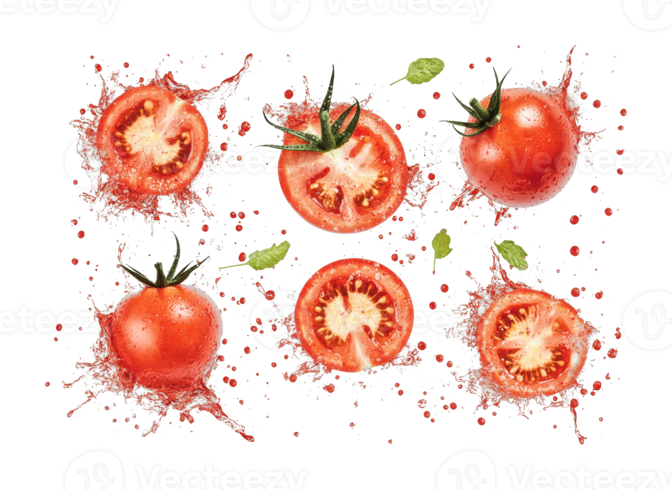 Juicy whole and sliced tomatoes with splash effect png
