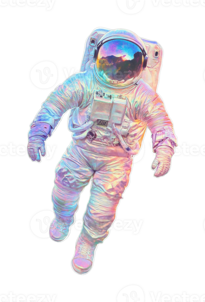 Colorful astronaut floating in space with rainbow reflection png