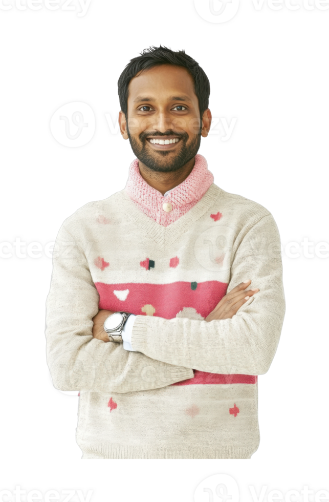 Smiling young south asian male in sweater with crossed arms png