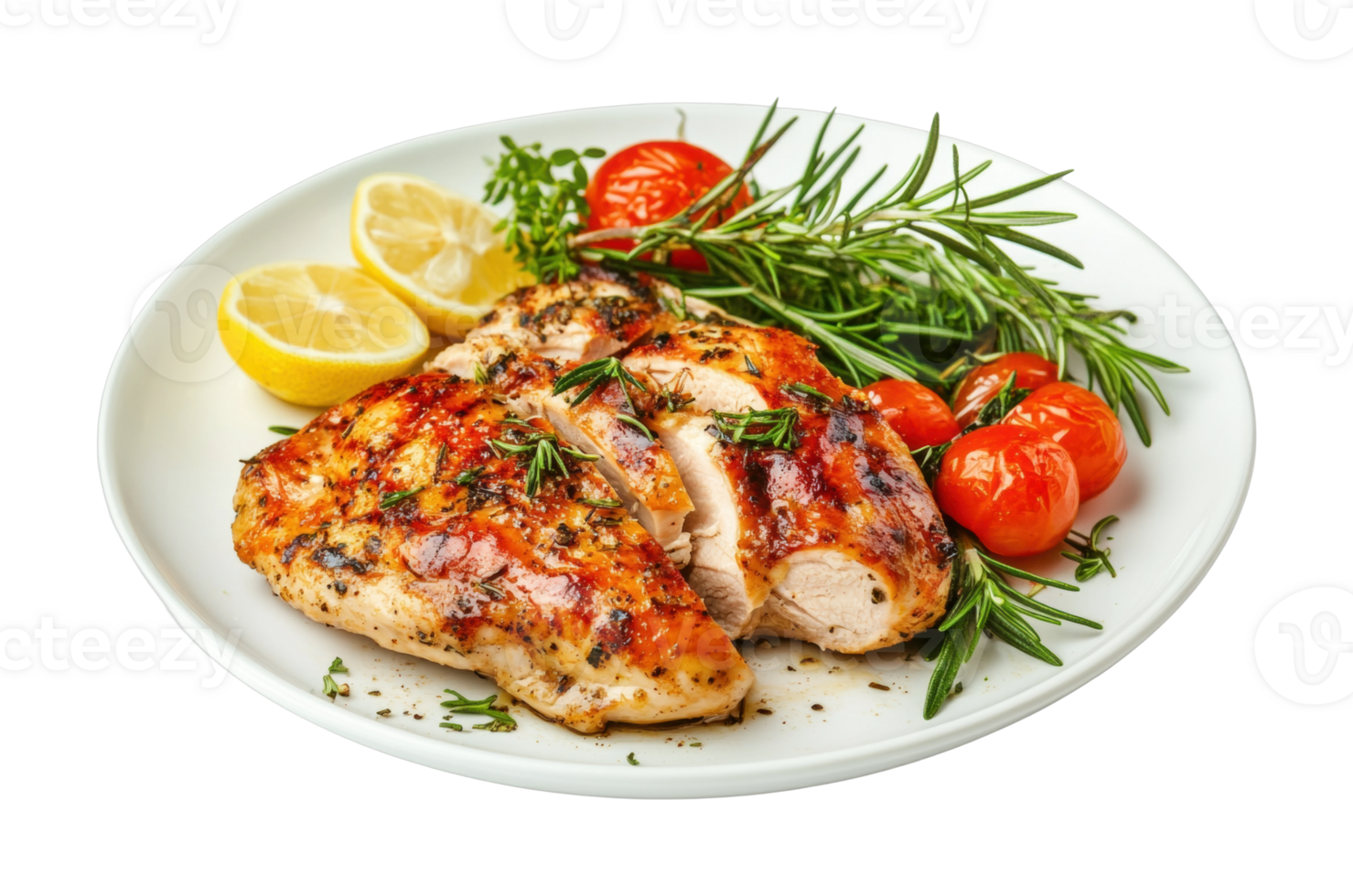 Grilled chicken breast with herbs and lemon garnish on white plate png