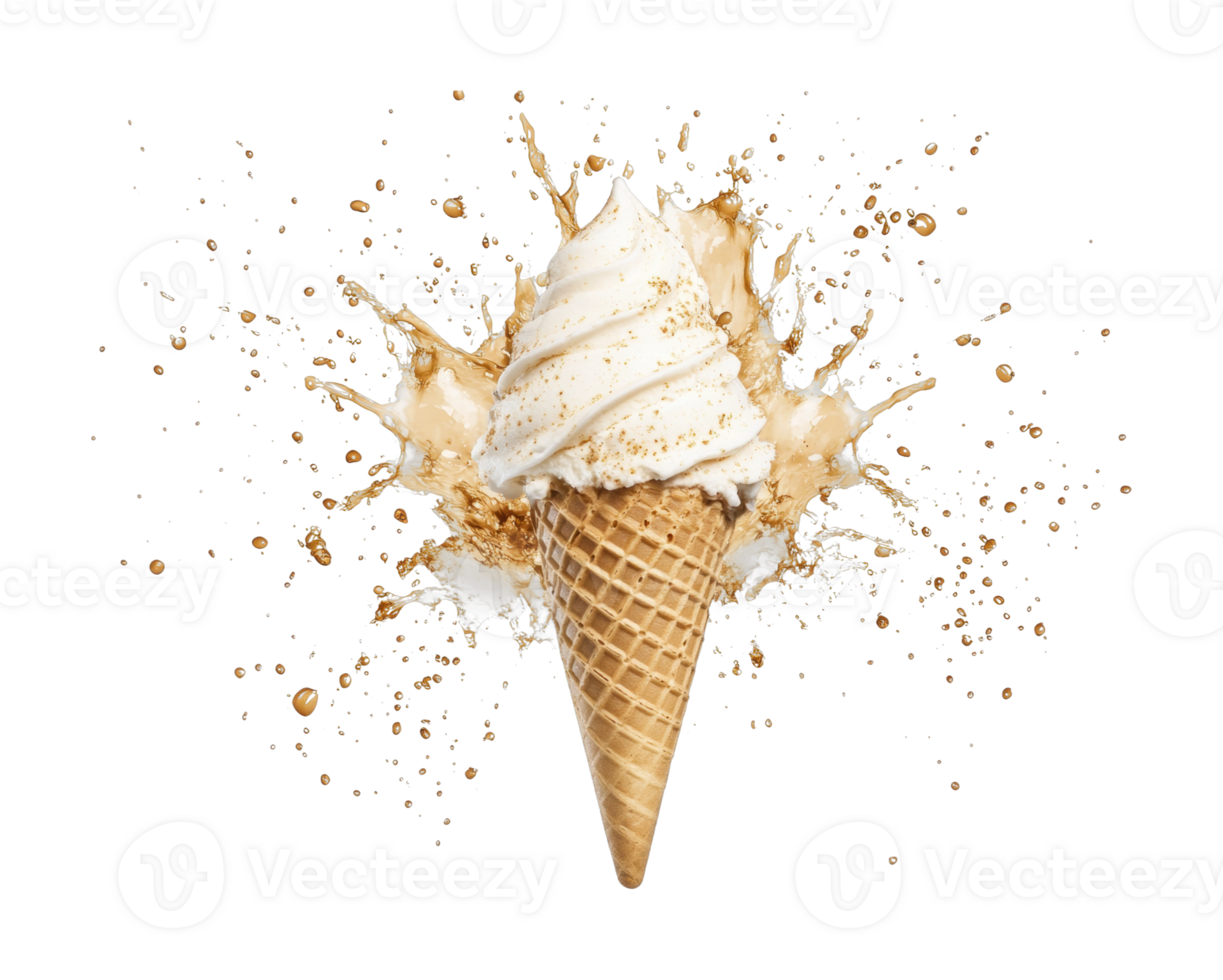 Close-up of vanilla ice cream cone with caramel splash png