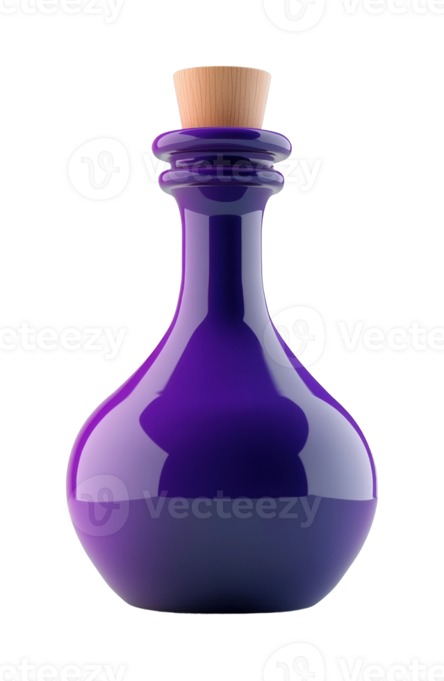 Elegant purple glass bottle with wooden cork stopper png