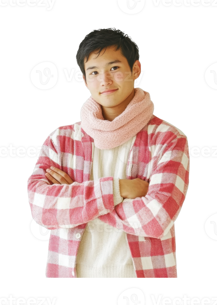 Confident asian young adult male in plaid shirt and scarf crossing arms png