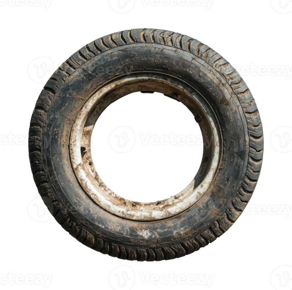 Old worn tire with tread marks and mud stains png