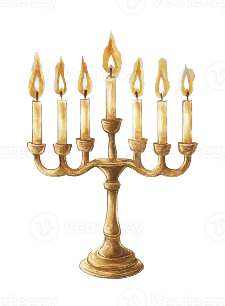 Seven-branched golden menorah with lit flames on candle holders png