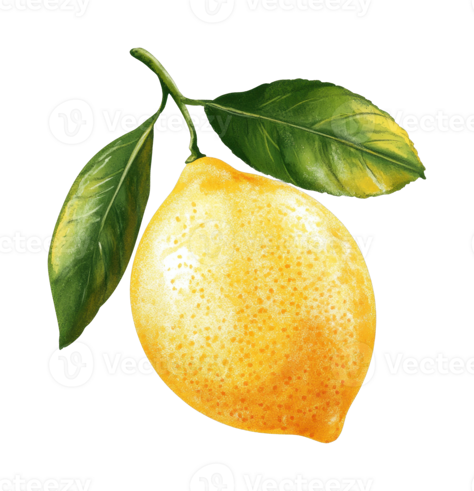 Realistic yellow lemon with green leaves png