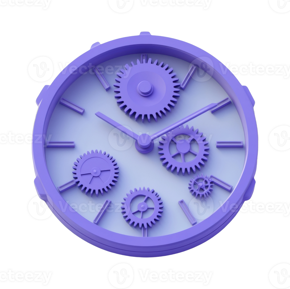Purple gear clock face with intricate mechanical design png