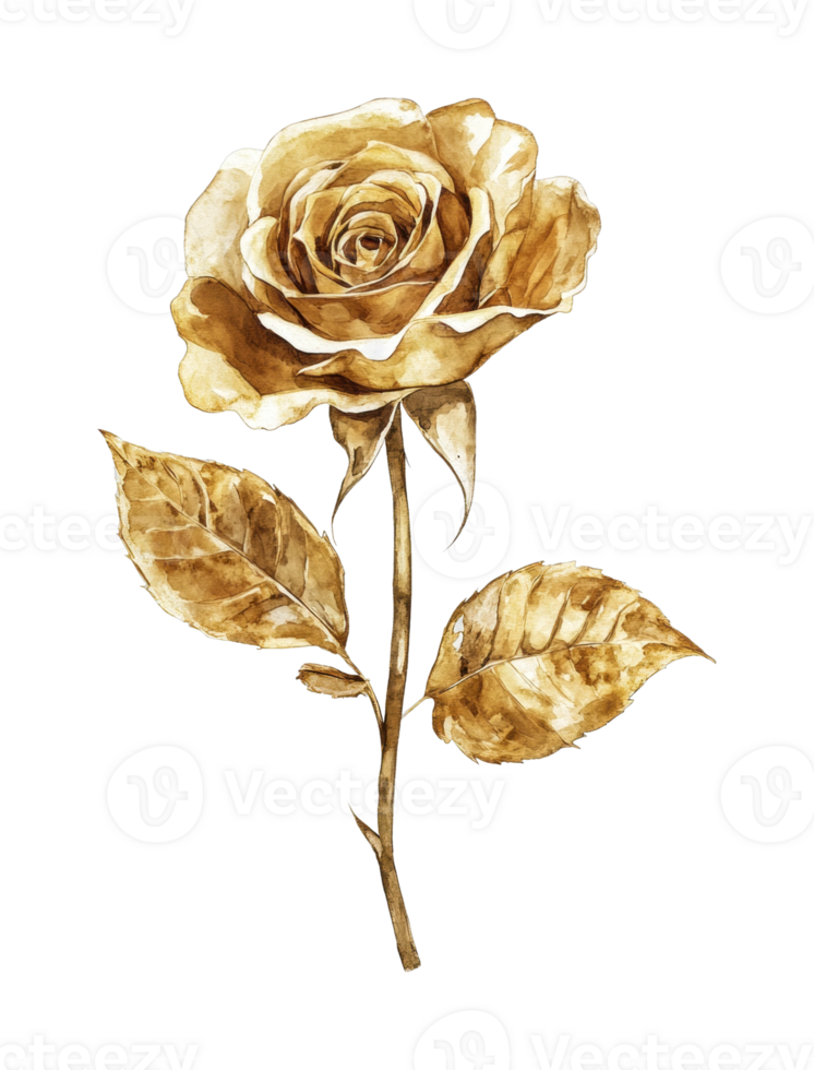 Golden hue rose artwork with detailed leaves and stem png