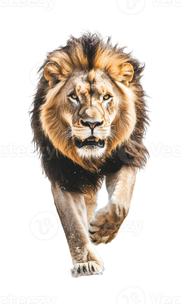 Majestic male lion walking forward with intense gaze and regal mane png