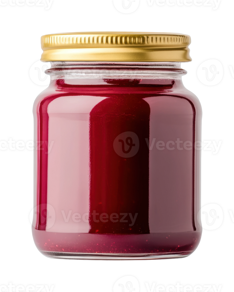 Glass jar filled with red jam and gold lid png