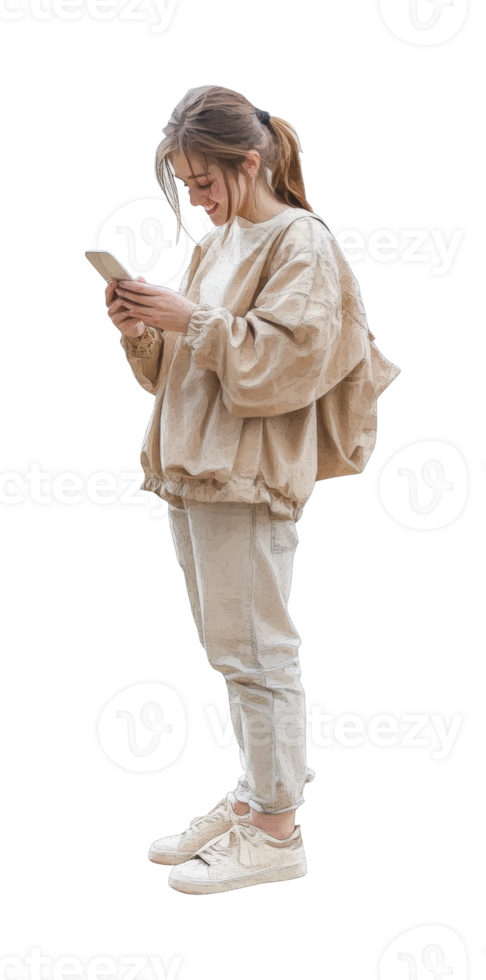 Young caucasian female using smartphone in casual outfit png