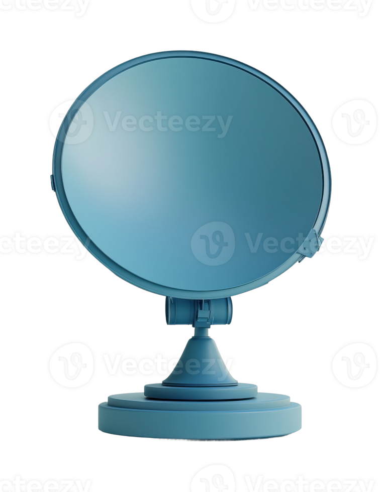 Blue tabletop mirror with round frame and adjustable stand for vanity use png