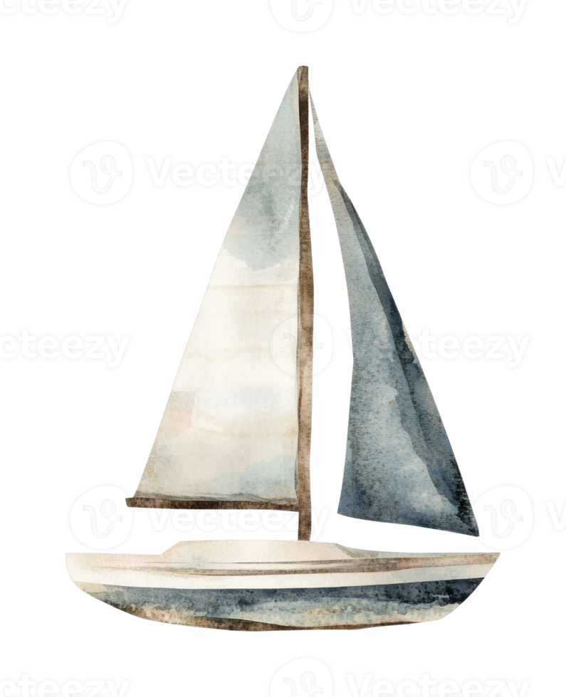Watercolor sailboat art with blue and brown sails png