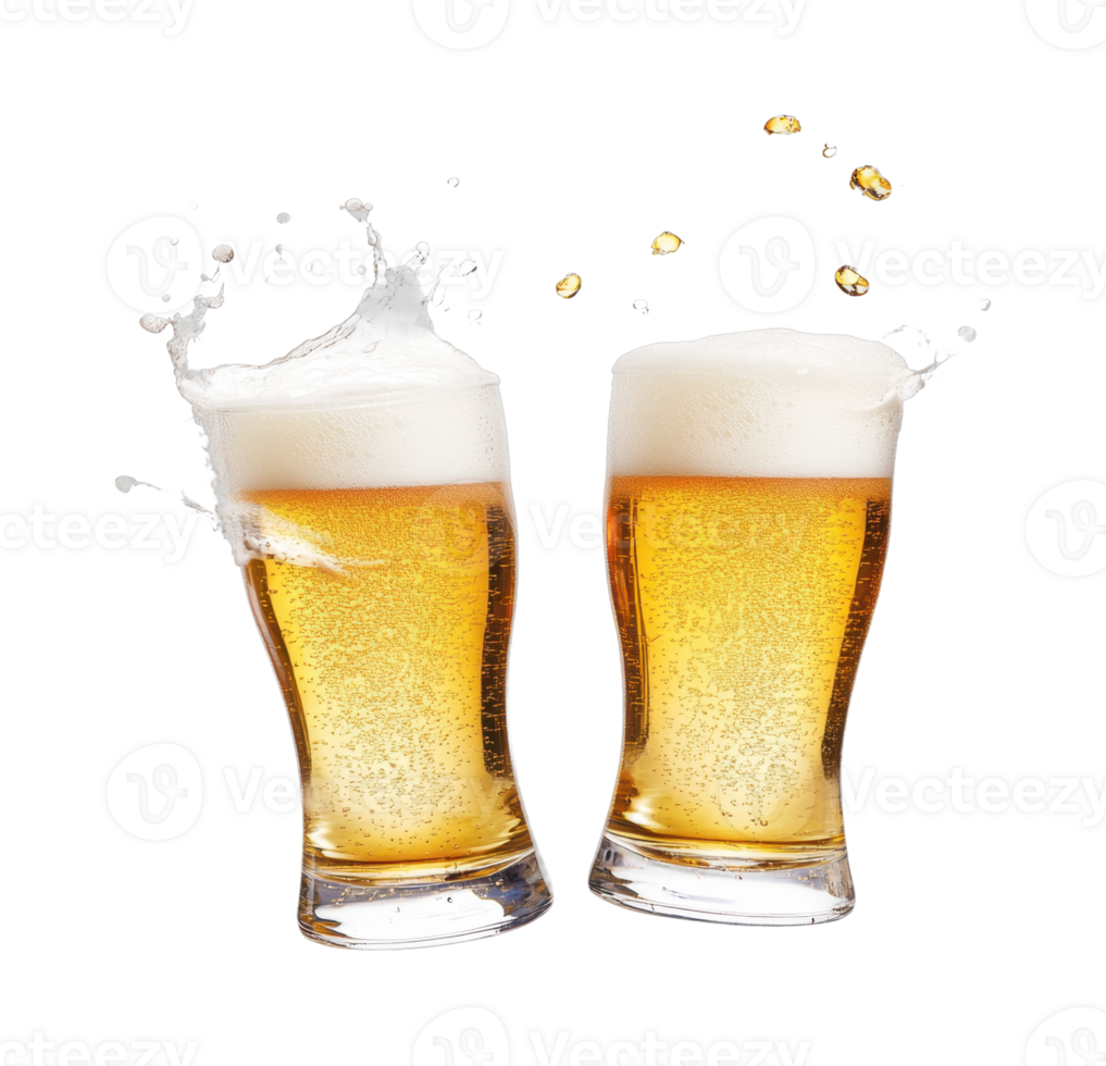 Foaming lager splash from two full beer glasses with bubbles png