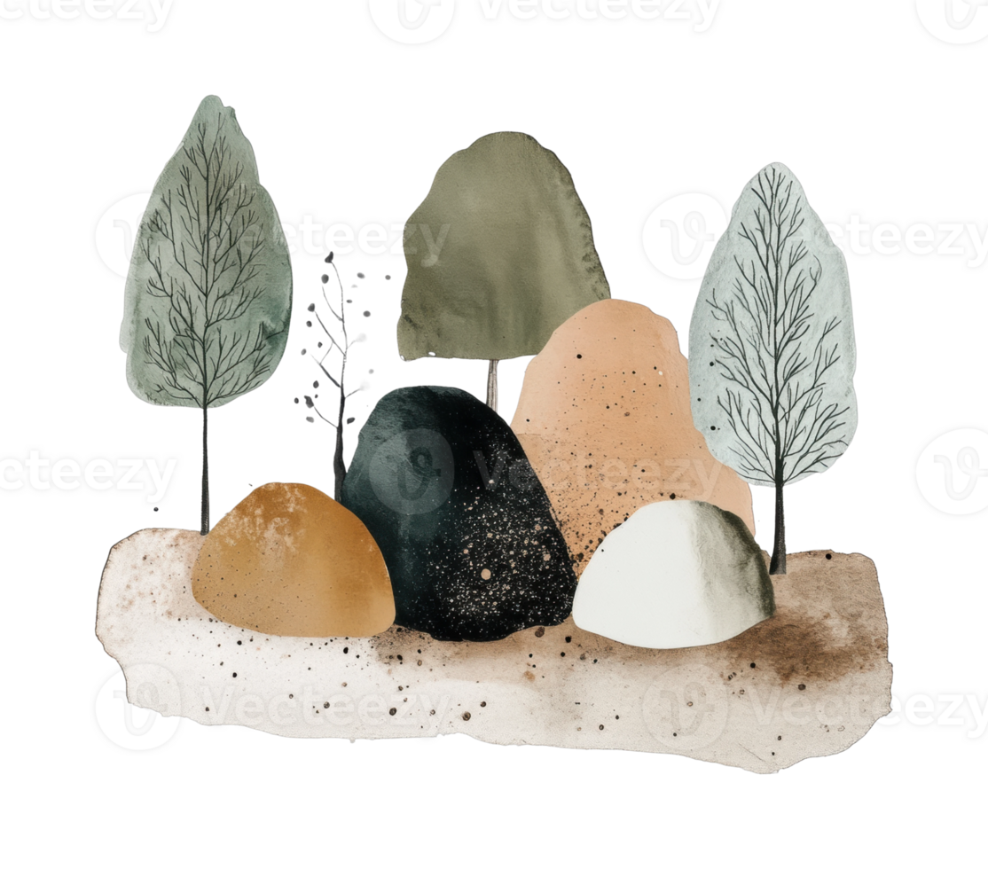 Abstract nature composition with stylized trees and rocks png