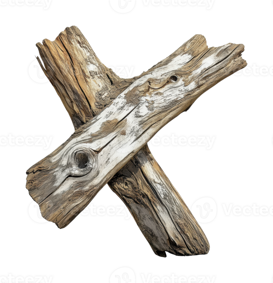 Crossed weathered driftwood logs with natural texture and knots png