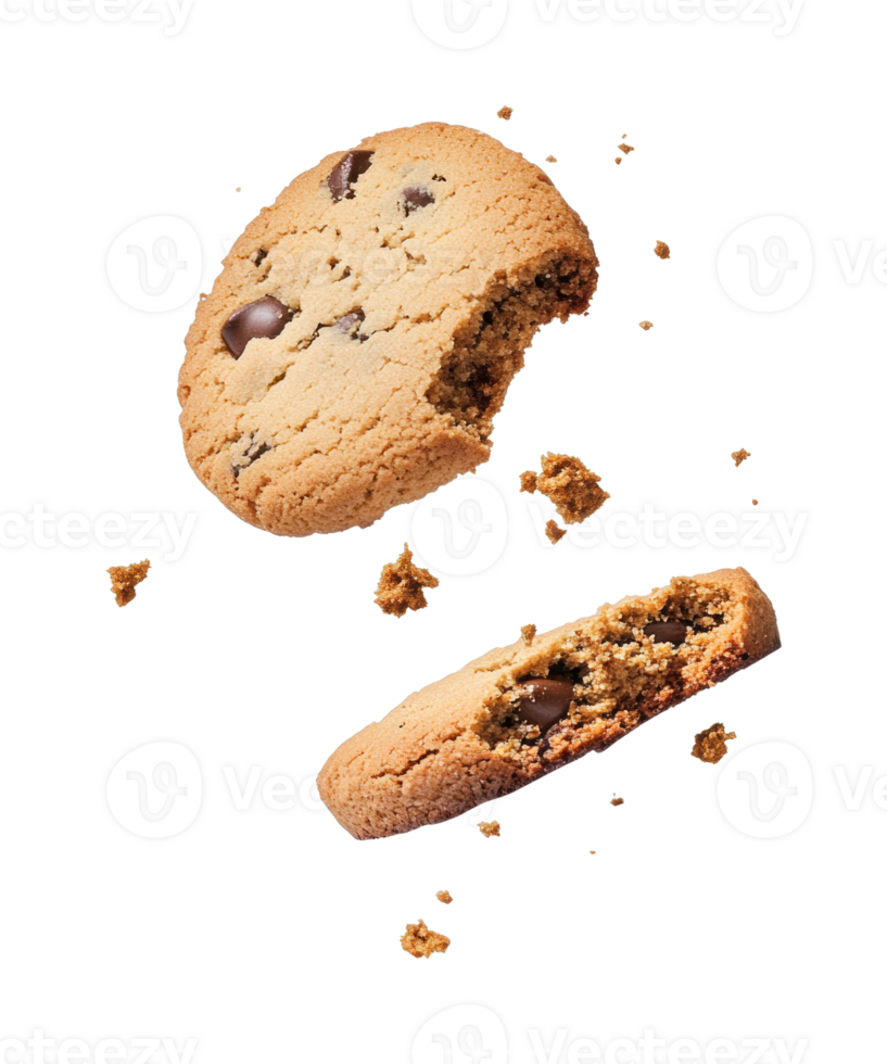 Crunchy chocolate chip cookies with crumbs falling png