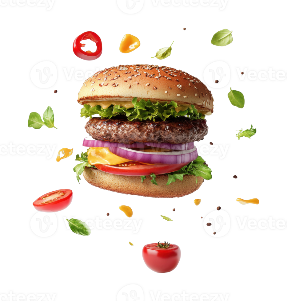 Delicious hamburger with fresh ingredients and seasoning png