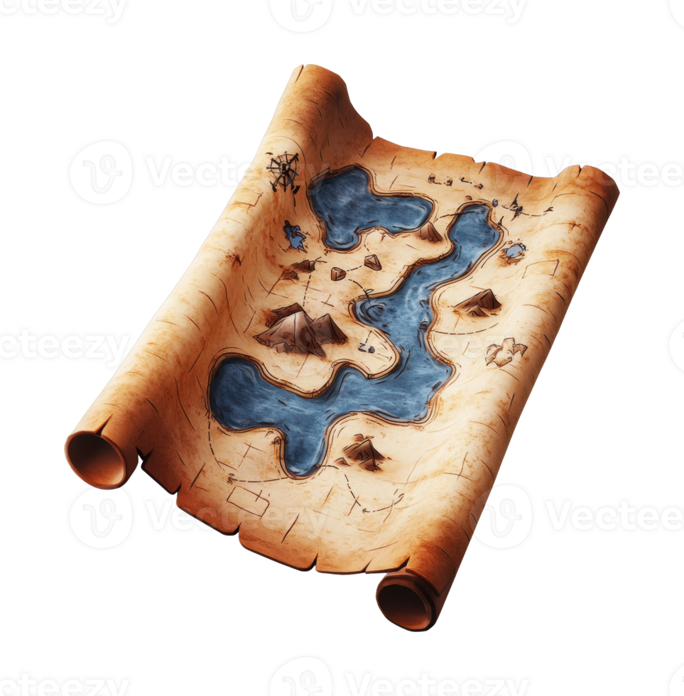 Ancient treasure map with river and mountains on rolled parchment png