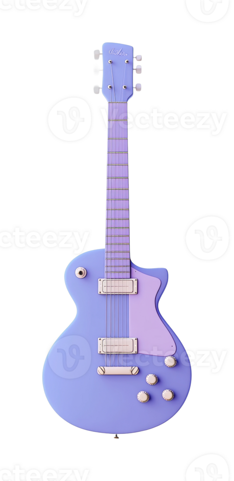 Purple electric guitar with six strings and knobs png
