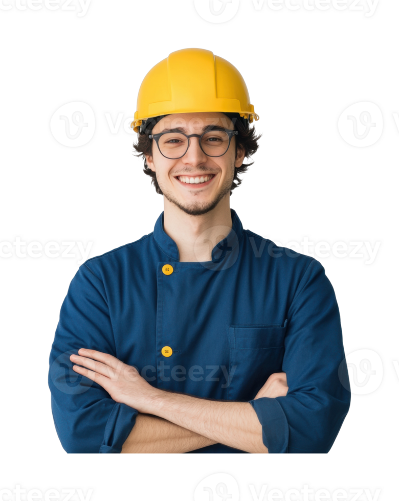 Young caucasian male engineer smiling in safety helmet with arms crossed png