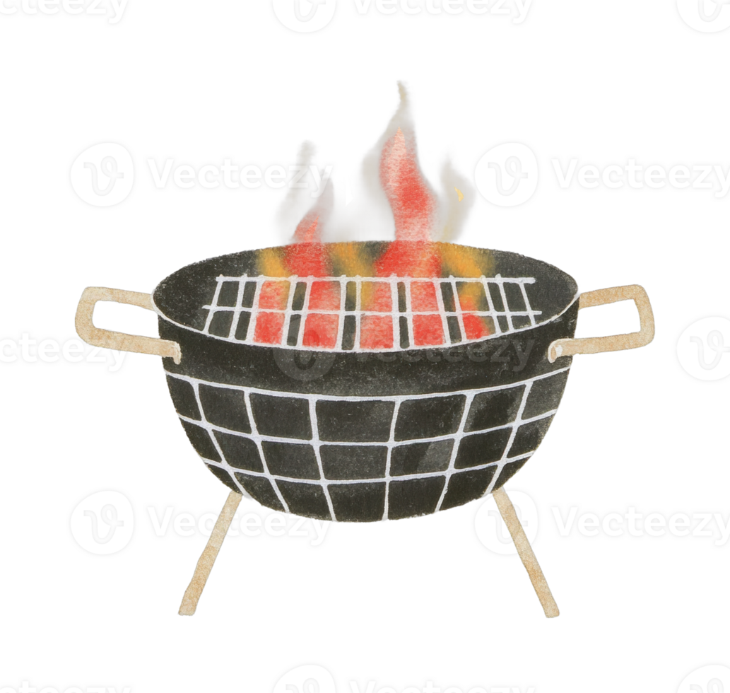 Charcoal grill with burning flames and glowing coals png