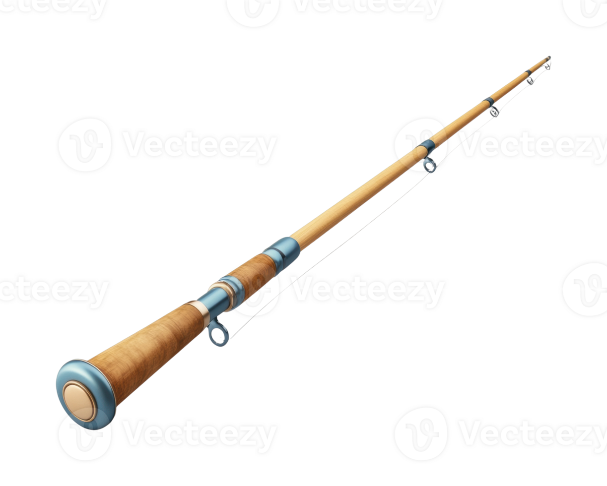 Detailed view of a classic wooden fishing rod with metal guides png