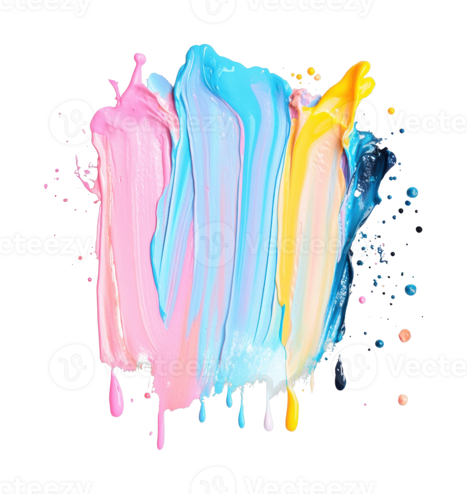 Vibrant abstract paint strokes in blue pink and yellow on black png