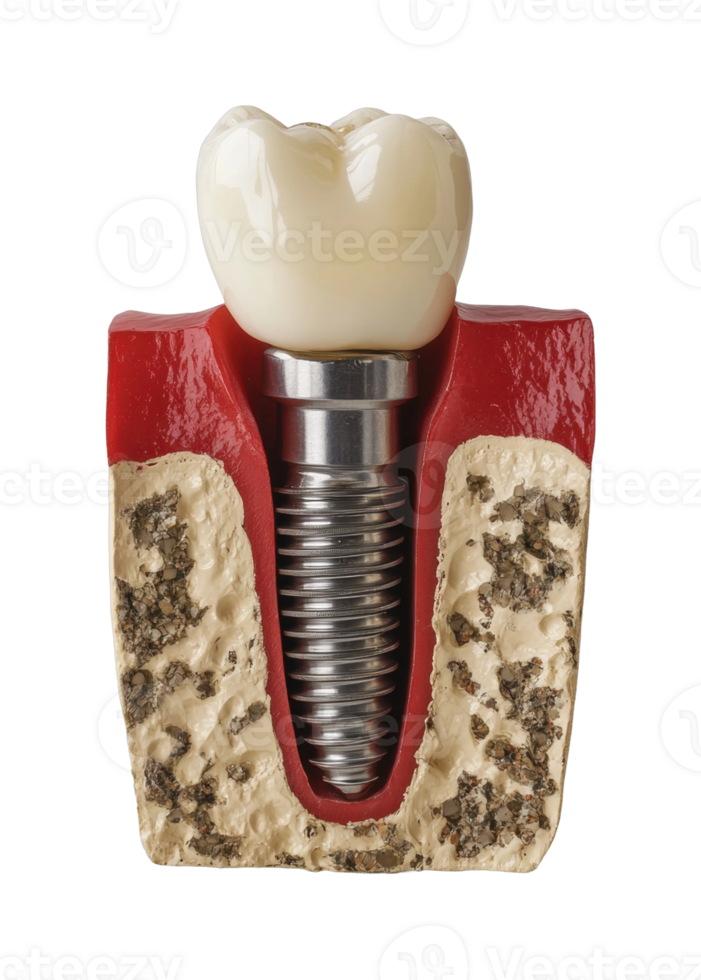 Dental implant model with crown and screw in cross-section png