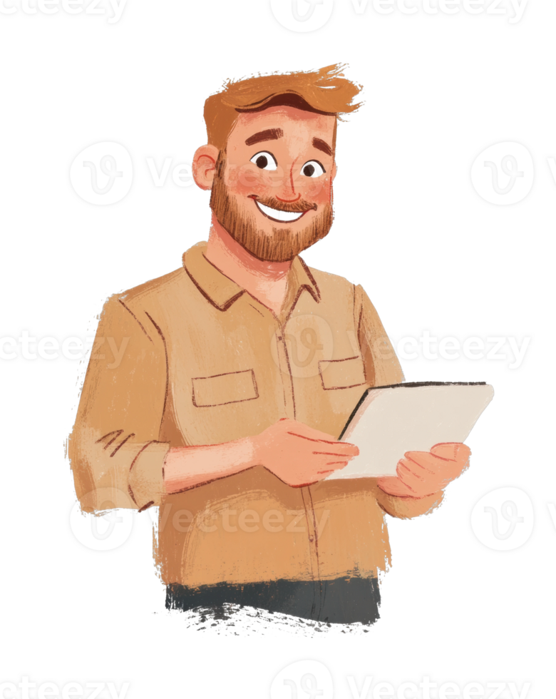 Smiling caucasian male character holding tablet png