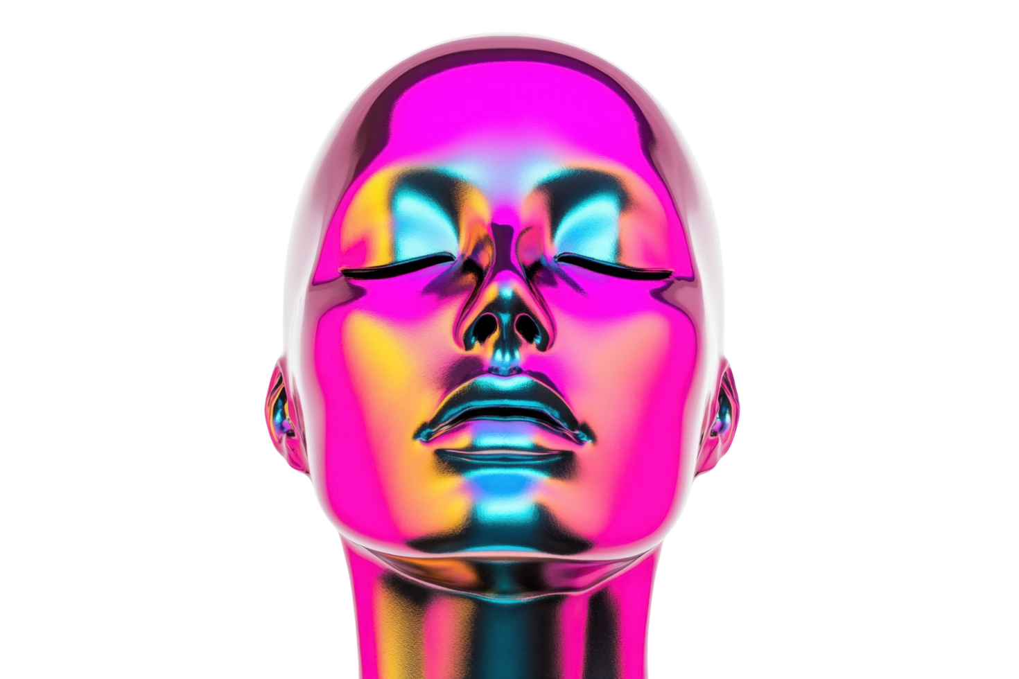 Futuristic metallic human head with iridescent colors displayed in abstract concept art png