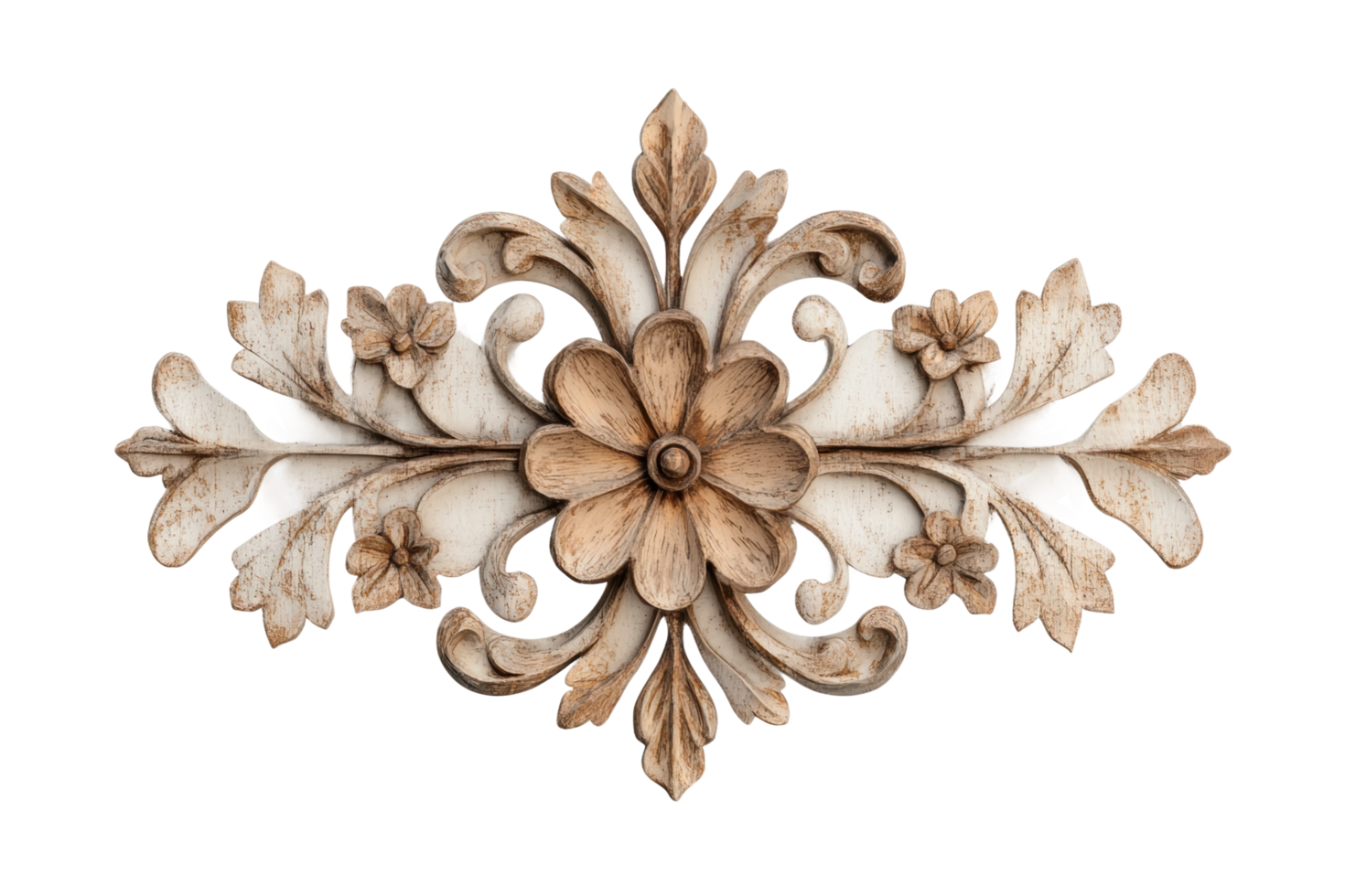 Ornate wooden floral carving with intricate petal and leaf design png
