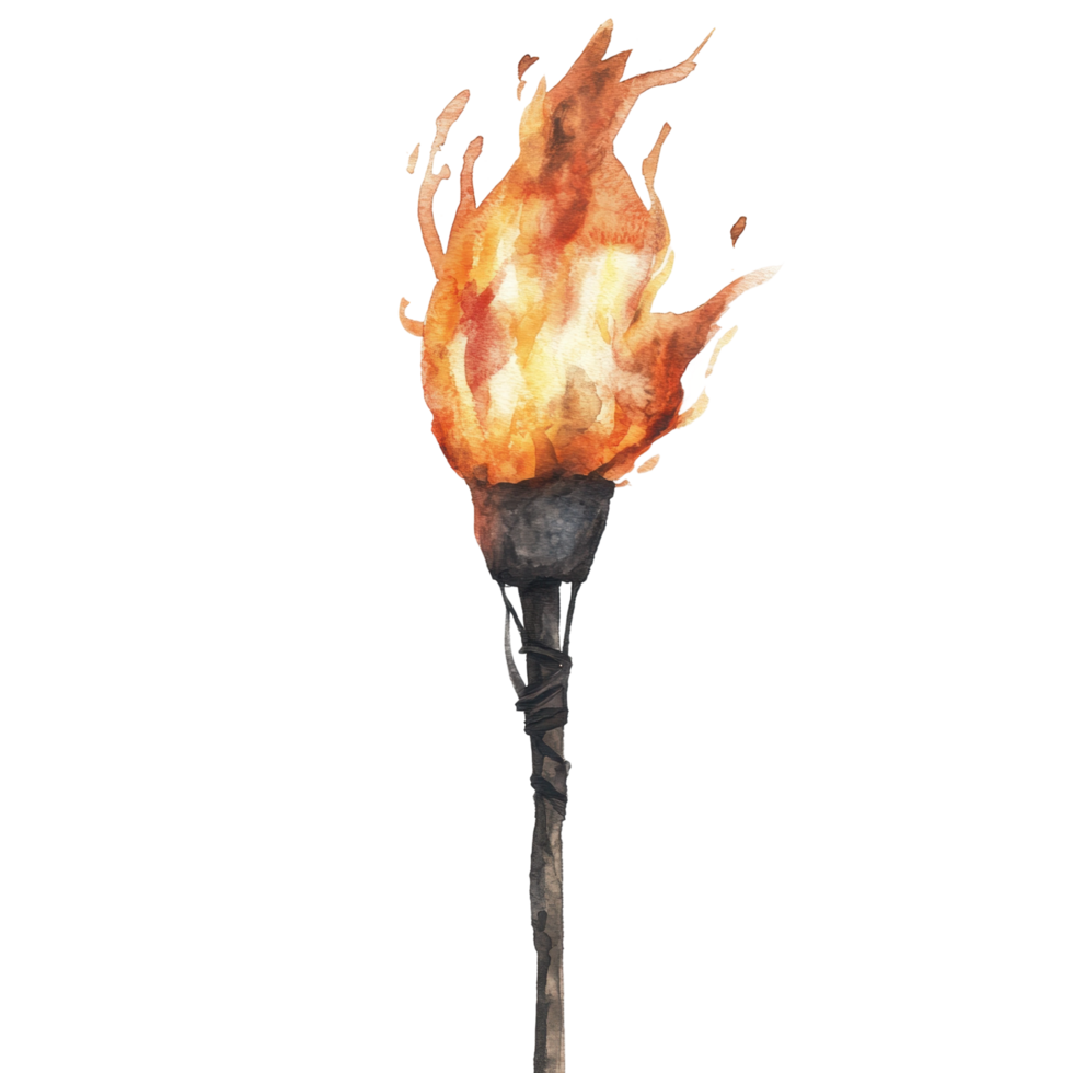 Hand-painted flaming torch on wooden handle png